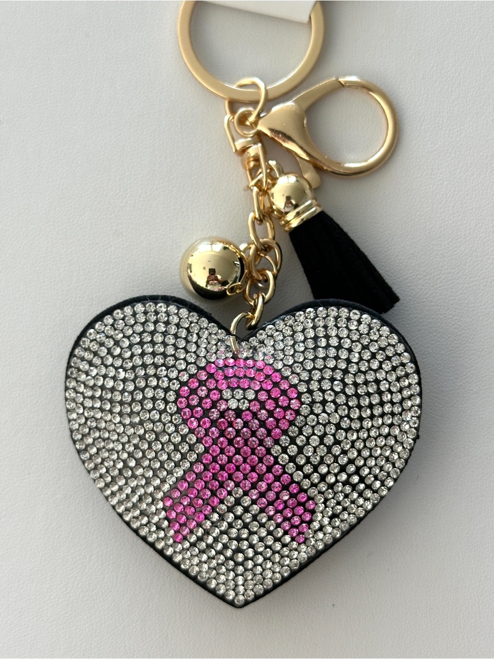 Fashion Jewelry Gold-Tone Heart Keychain with Pink Ribbon Crystal Accent
